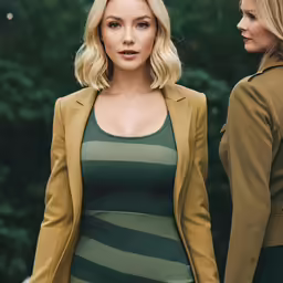 the blonde woman is in a green striped dress