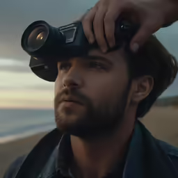 a man with camera taking pictures near the ocean