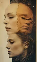 two people one with eyes closed the other with their face missing