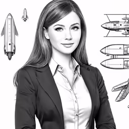 a black and white photo of a business woman standing in front of various airplanes