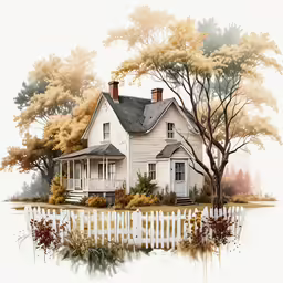 the painting shows a white house next to a white picket fence