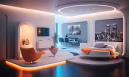 a very modern bedroom with a couch, chair, ottoman and bed