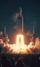 a photo taken at night shows a rocket and crowd