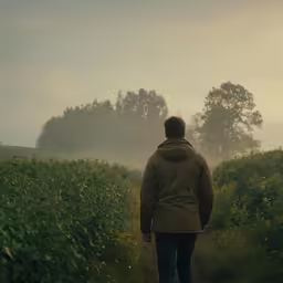 a man is walking down a path in a field