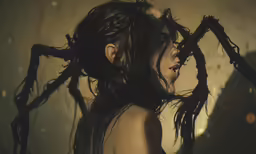woman with spider - claw hair on her head and dark skin
