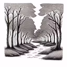 an abstract black and white drawing of a river with trees,a tree lined forest in the fall and winter,an ink drawing of a river surrounded by trees,a drawing of trees, with stream running through it,a black and white drawing of trees in the forest