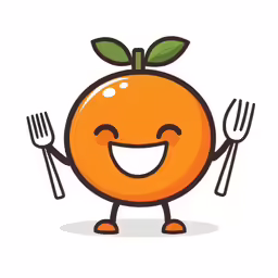 an orange holding two forks and a knife and fork