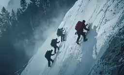 several people climbing a steep mountain in the snow