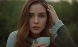 a woman with long hair is holding her coffee cup