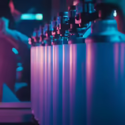 large row of gas cylinders sitting on a desk