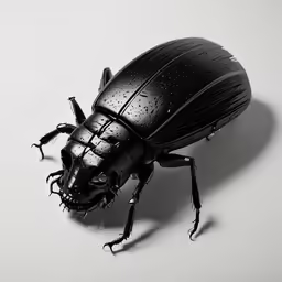 a black beetle sits on a white surface