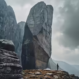 a man standing on a rocky hill top overlooking mountains
