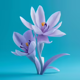 three purple flowers with purple tips standing out against a blue background