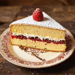 a slice of cake on a plate with fruit