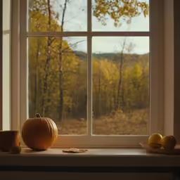 pumpkin, pears and cup sit on the windowsill in a window seat