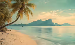 beach and palm trees with water and mountains in the background