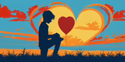 the boy is silhouetted against a heart shaped sky,this artwork shows a silhouette of a person sitting and a heart - shaped object in the background