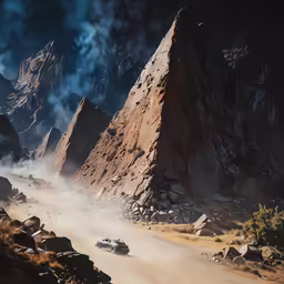 a car driving through a dirt road near a mountain