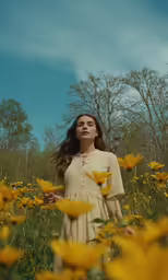 a young girl is in the middle of flowers