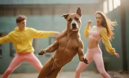 two young people and a dog are dressed in matching outfits