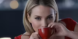 a woman sipping a coffee cup in a red dress