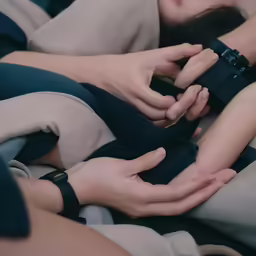 a woman is laying on her stomach while holding something
