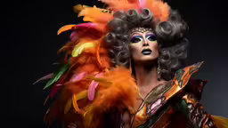 an image of a woman in bright makeup,a woman in elaborate orange and yellow feathers is wearing black makeup
