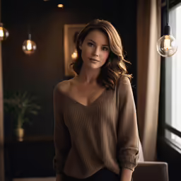 an attractive woman standing next to a window