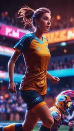 a woman in a uniform running in the middle of a game,the woman is running toward another soccer player
