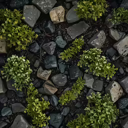 an overhead shot of a group of rocks and a plant