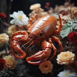there is a stuffed crab and flowers surrounding it
