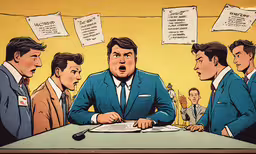 a cartoon of a man surrounded by men with papers,the boss looks confused about the employees at his meeting