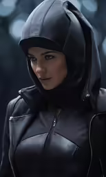 a model is dressed in black leather and hood