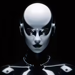 the robot lady is white and black with a headphone on
