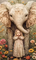 a little girl standing beside an elephant