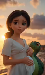 a girl with big eyes is standing on the beach by a dinosaur