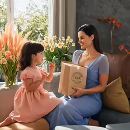 a mother and daughter playing with cardboard boxes