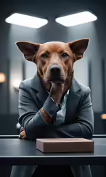 a dog is dressed in a suit at a table with his head on the end of a box