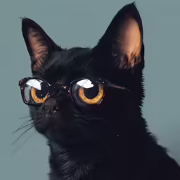 a cat wearing glasses with yellow eyes on gray background