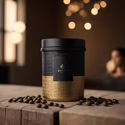 a jar of coffee sits on a table next to some beans