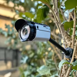 a camera is on the tree outside near bushes