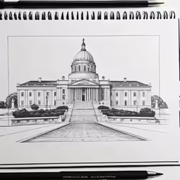 a notebook with a drawing of the united states capitol