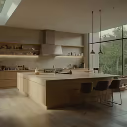 a kitchen filled with a counter and a dining room table