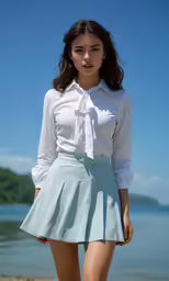 a beautiful woman posing for a picture by the ocean