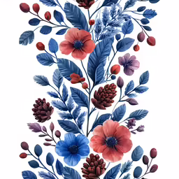 a floral design with blue and red flowers