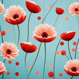 a lot of red and white flowers with polka dots on blue background