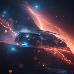an suv on fire with large bright lights and a bright spot behind it