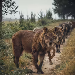 the brown cow is looking at the camera as it walks along the trail