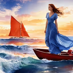 a beautiful woman in a long blue dress is sitting on a boat,a woman in a blue dress riding a boat