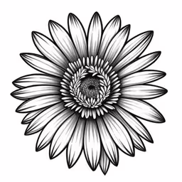 a black and white sunflower is drawn,a flower that is drawn with a pencil and ink